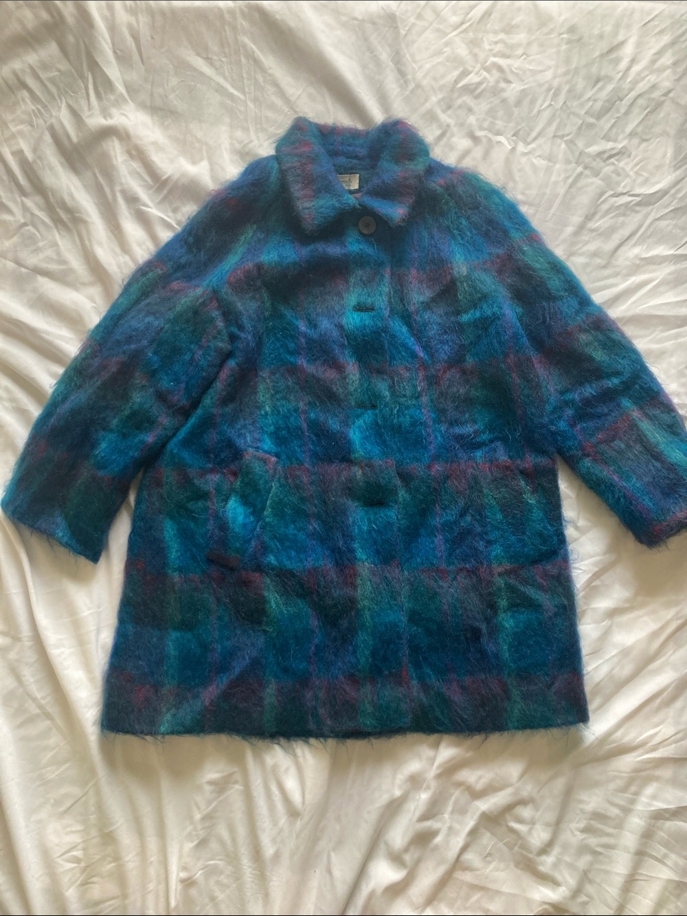 Appleseed's Fluffy Blue Mohair Plaid Teddy Coat